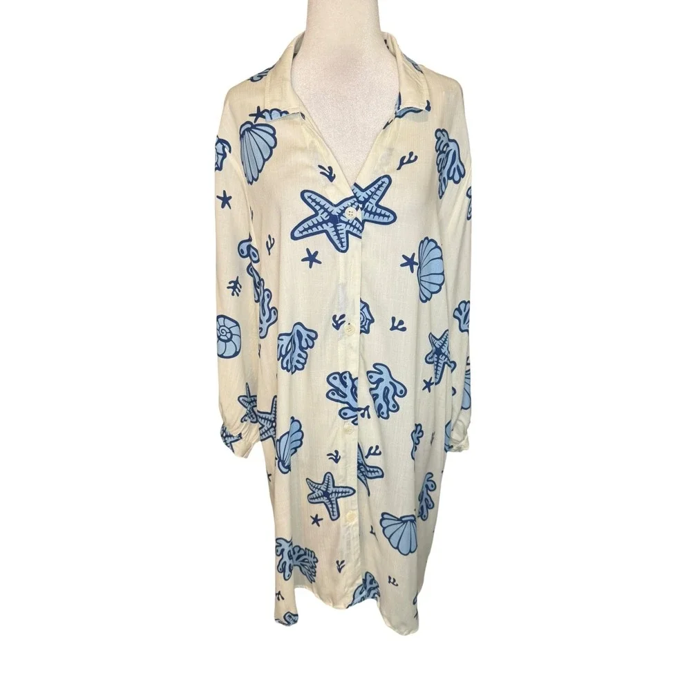 Cupshe Women Cream Blue Nautical Starfish‎ Shell Button Up Cover Up Dress Medium